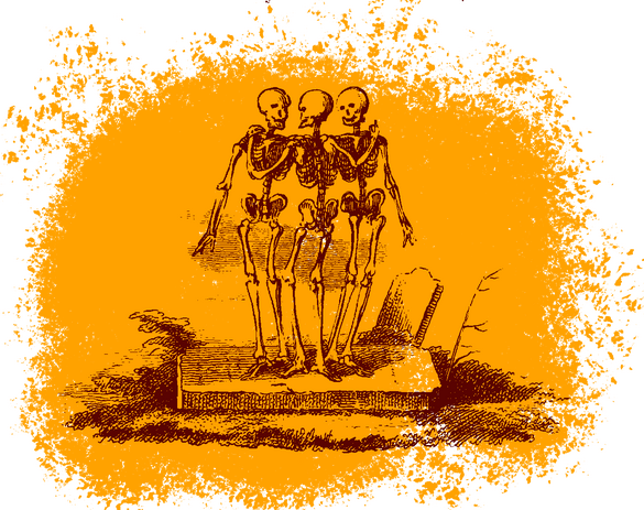 A red and yellow illustration of skeletons dancing on a grave. Symbolising the dury of the dead.